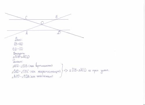 Прямые ав и сd пересекаются в точке о. докажите, что если ad||bc и od=co, то △aod=△cob.