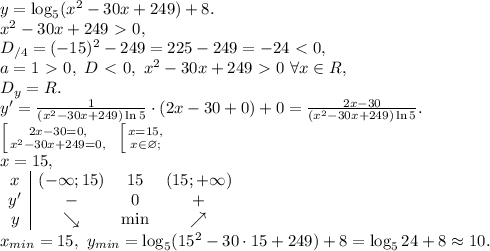 y=\log_5(x^2-30x+249)+8. \\ x^2-30x+249\ \textgreater \ 0, \\ D_{/4}=(-15)^2-249=225-249=-24\ \textless \ 0, \\ a=1\ \textgreater \ 0, \ D\ \textless \ 0, \ x^2-30x+249\ \textgreater \ 0 \ \forall x\in R, \\ D_y=R. \\ y'=\frac{1}{(x^2-30x+249)\ln5}\cdot(2x-30+0)+0=\frac{2x-30}{(x^2-30x+249)\ln5}. \\ \left [ {{2x-30=0,} \atop {x^2-30x+249=0,}} \right. \ \left [ {{x=15,} \atop {x\in \varnothing;}} \right. \\ x=15, \\ \begin{array}{c|ccc}x&(-\infty;15)&15&(15;+\infty)\\y'&-&0&+\\y&\searrow&\min&\nearrow\end{array} \\ x_{min}=15, \ y_{min}=\log_5(15^2-30\cdot15+249)+8=\log_524+8\approx10.