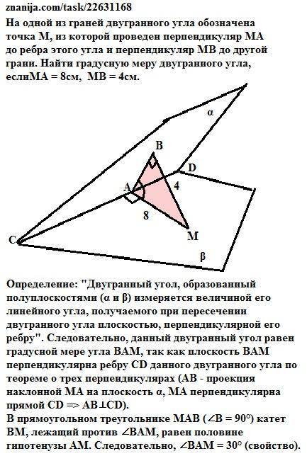 На одній із граней двогранного кута позначено точку м з якої проведено перпендикуляр ма до ребра кут