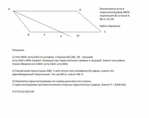 1.биссектриса угла a параллелограмма abcd пересекает сторону bc в точке k.найдите периметр параллело