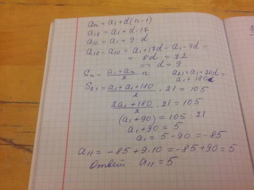 Для арифметической прогрессии известно, что а18-а10=72 и s21=105. чему равен 11 член этой прогрессии