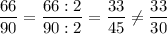 \displaystyle \frac{66}{90}=\frac{66:2}{90:2}=\frac{33}{45}\neq \frac{33}{30}