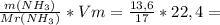 \frac{m(NH_3 )}{Mr(NH_3 )}*Vm = \frac{13,6}{17}*22,4 =