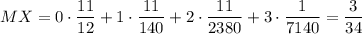 MX=0\cdot \dfrac{11}{12}+1\cdot\dfrac{11}{140}+2\cdot\dfrac{11}{2380}+3\cdot\dfrac{1}{7140}=\dfrac{3}{34}