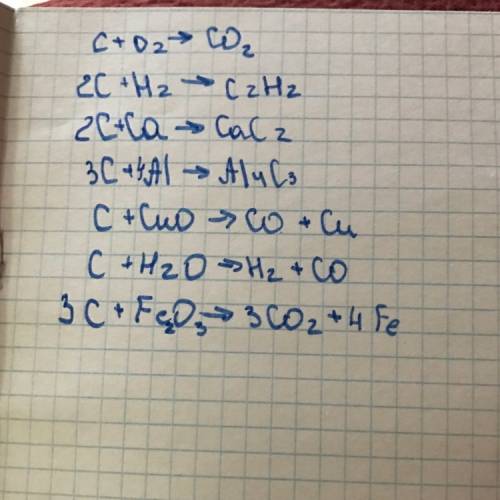 Закончите уравнения реакций c+o2 c+h2 c+ca c+al c+cuo c+feo c+h2o