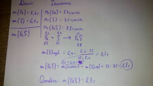 При взаимодействии 5, 6 г. железа с 6,4 г. серы образуется сульфид железа массой?