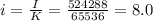 i = \frac{I}{K} = \frac{524288}{65536} = 8.0