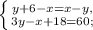 \left \{ {{y+6-x=x-y,} \atop {3y-x+18=60;}} \right.