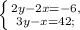 \left \{ {{2y-2x=-6,} \atop {3y-x=42;}} \right.