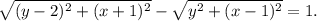 \sqrt{(y-2)^2+(x+1)^2}- \sqrt{y^2+(x-1)^2}=1.