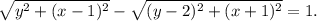 \sqrt{y^2+(x-1)^2} - \sqrt{(y-2)^2+(x+1)^2}=1.