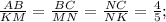 \frac{AB}{KM}= \frac{BC}{MN}= \frac{NC}{NK}= \frac{4}{5};