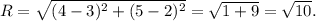 R= \sqrt{(4-3)^2+(5-2)^2}= \sqrt{1+9}= \sqrt{10}.