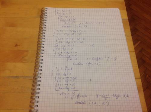Решите системы уравнений сложения: 1){3x+4y=14, 2){4(3x-1)-3(2y+6)=0, 3){x/4+y/3=1 {2x-y=-9; {6x-2(y