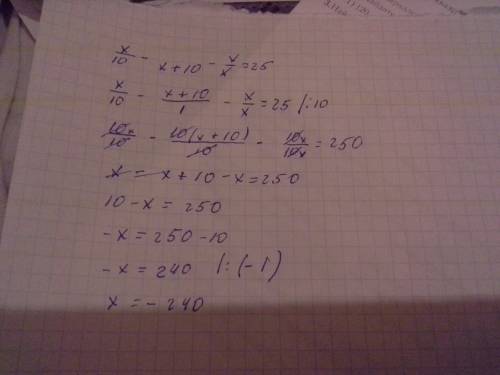 Решить уравнение ! x/10-x+10-x/x=25