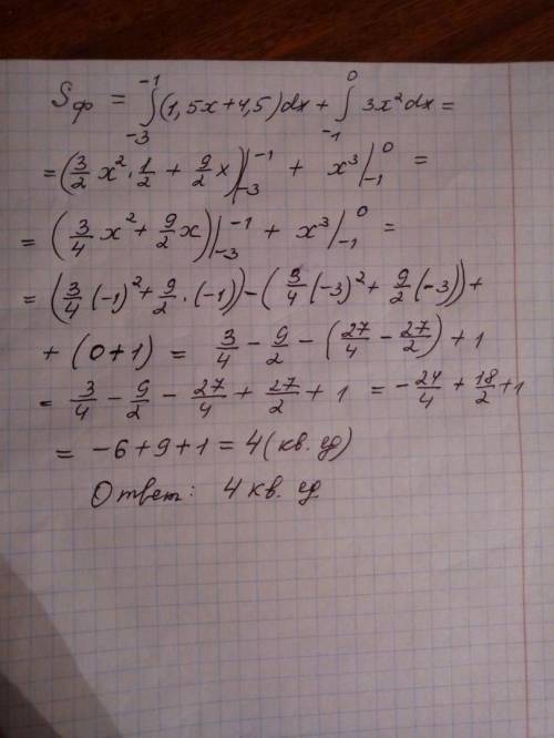 Найдите площадь фигуры, ограниченной пораболой y=3x^2, осью оx и прямой, проходящей через точки (-3;