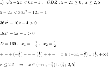 1)\; \; \sqrt{5-2x} \ \textless \ 6x-1\; ,\; \; \; ODZ:5-2x \geq 0\; ,\; x \leq 2,5\\\\5-2x\ \textless \ 36x^2-12x+1\\\\36x^2-10x-4\ \textgreater \ 0\\\\18x^2-5x-1\ \textgreater \ 0\\\\D=169\; ,\; \; x_1=-\frac{2}{9}\; ,\; \; x_2= \frac{1}{2} \\\\+++(-\frac{2}{9})---(\frac{1}{2})+++\quad x\in (-\infty ,- \frac{2}{9} )\cup ( \frac{1}{2},+\infty )\\\\x \leq 2,5\; \; \; \Rightarrow \; \; \; \underline {x\in (-\infty ,-\frac{2}{9})\cup( \frac{1}{2};\; 2,5] }