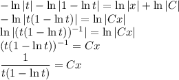 - \ln |t| - \ln|1-\ln t|=\ln|x|+\ln|C| \\\ - \ln |t(1-\ln t)|=\ln|Cx| \\\ \ln |(t(1-\ln t))^{-1}|=\ln|Cx| \\\ (t(1-\ln t))^{-1}=Cx \\\ \dfrac{1}{t(1-\ln t)} =Cx