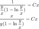 \dfrac{1}{ \dfrac{y}{x} (1-\ln \dfrac{y}{x} )} =Cx&#10;\\\&#10; \dfrac{x}{ y(1-\ln \dfrac{y}{x} )} =Cx