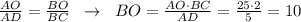 \frac{AO}{AD} = \frac{BO}{BC} \; \; \to \; \; BO=\frac{AO\cdot BC}{AD}= \frac{25\cdot 2}{5} =10