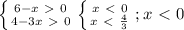 \left \{ {{6-x\ \textgreater \ 0} \atop {4-3x\ \textgreater \ 0}} \right. \left \{ {{x\ \textless \ 0} \atop {x\ \textless \ \frac{4}{3} }} \right. ;x\ \textless \ 0