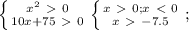 \left \{ {{x^2\ \textgreater \ 0} \atop {10x+75\ \textgreater \ 0}} \right. \left \{ {{x\ \textgreater \ 0;x\ \textless \ 0} \atop {x\ \textgreater \ -7.5}} \right. ;