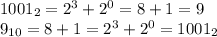 1001_2 = 2^3 + 2^0 = 8 + 1 = 9 \\ 9_{10} = 8 + 1 = 2^3 + 2^0 = 1001_2