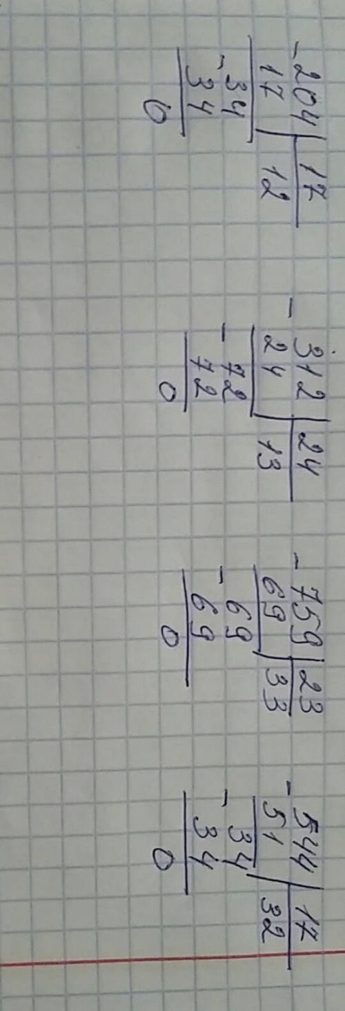 Выполни деление ( столбиком ) 204: 17 , 312: 24 , 759: 23, 544: 17 (если можно фотку)