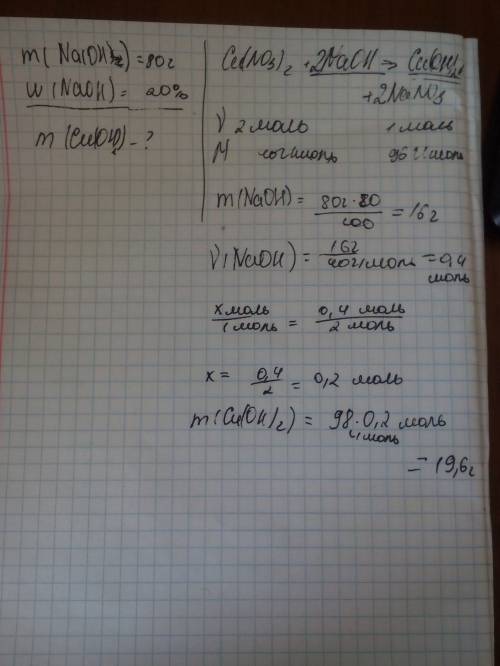 Вычислите массу осадка который образуется при действии раствора нитрата меди на 80 г 20%-ного раство