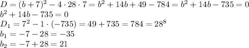 D=(b+7)^2-4\cdot28\cdot7=b^2+14b+49-784=b^2+14b-735=0&#10;\\\&#10;b^2+14b-735=0&#10;\\\&#10;D_1=7^2-1\cdot(-735)=49+735=784=28^8&#10;\\\&#10;b_1= -7-28=-35&#10;\\\&#10;b_2= -7+28=21