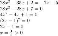 28x^2 -35x +2 =-7x-5&#10;\\\&#10;28x^2 -28x +7=0&#10;\\\&#10;4x^2 -4x +1=0&#10;\\\&#10;(2x-1)^2=0&#10;\\\&#10;2x-1=0&#10;\\\&#10;x= \frac{1}{2} \ \textgreater \ 0
