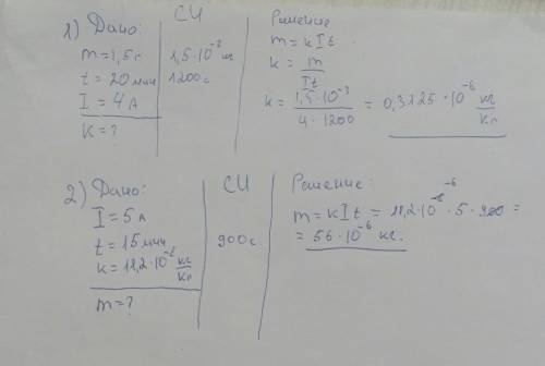 1)при выполнений опыта на катоде выделилась медь массой 1,5 г за 20 мин при силе тока 4 а. определит
