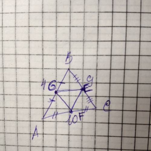 Втреугонике abc стороны ab bc ca равны соответственно 4 см 9см 10см. точки e f g обозначают середины