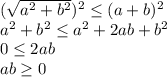 (\sqrt{a^2+b^2} )^2 \leq (a+b)^2 \\ a^2+b^2 \leq a^2+2ab+b^2 \\ 0 \leq 2ab \\ ab \geq 0