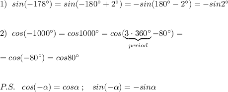 1)\; \; sin(-178^\circ )=sin(-180^\circ +2^\circ )=-sin(180^\circ-2^\circ )=-sin2^\circ \\\\\\2)\; \; cos(-1000^\circ )=cos1000^\circ =cos(\underbrace {3\cdot 360^\circ }_{period}-80^\circ )=\\\\=cos(-80^\circ )=cos80^\circ \\\\\\P.S.\; \; \; cos(- \alpha )=cos \alpha \; ;\; \; \; sin(-\alpha )=-sin \alpha
