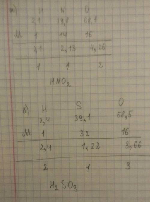 Составьте формулы кислот по следующим данным: а) ω(h)=2,1% , ω(n)=29,8%, ω(o)=68,1% б) ω(h)=2,4%, ω(