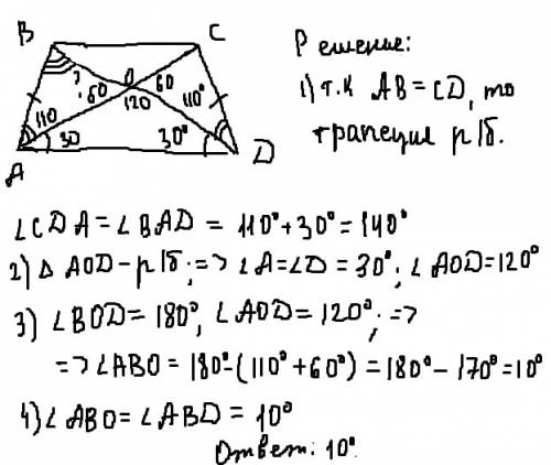 Втрапеции авсd известно, что ав=сd, вda= 30 и вdс=110. найдите угол авd