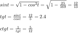 sint=\sqrt{1-cos^2t}=\sqrt{1-{25\over169}}={12\over13}\\\\tgt={sint\over cost}={12\over5}=2.4\\\\ctgt={1\over tgt}={5\over12}