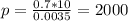 p= \frac{0.7*10}{0.0035} = 2000