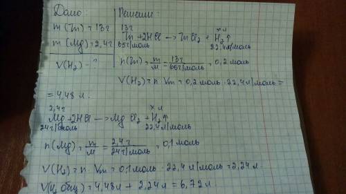 Визбытке соляной кислоты растворили цинк массой 13 г и магний массой 2,4. какой объем водорода выдел