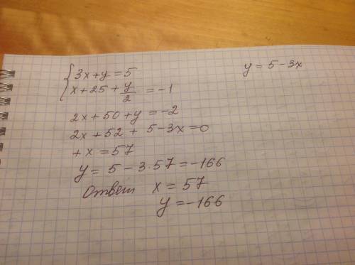 Решите систему уравнений {3x+y=5,x+25+y2=−1