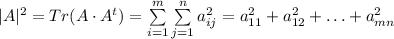 |A|^2=Tr(A\cdot A^t)=\sum\limits_{i=1}^m\sum\limits_{j=1}^n a_{ij}^2=&#10;a_{11}^2+a_{12}^2+\ldots +a_{mn}^2