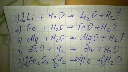 Закончить уравнения: 1)li+h2o> > ; 2)fe+h2o> > ; 3)mg+h2o> > ; 4)zno+h2> > ;