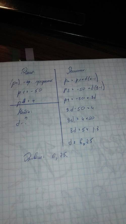 Найдите разность арифметической прогрессии (pn), в которой p1 = -50, p9 = 4