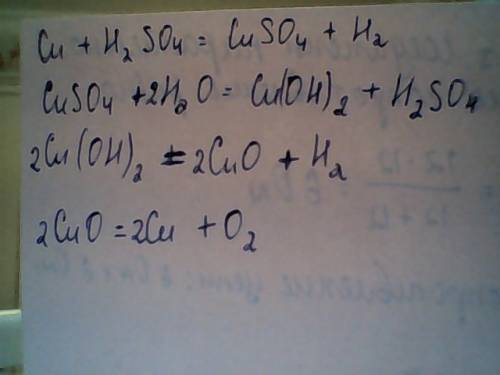 Осуществите практически следующие превращения: сu --> cuso4 --> cu(oh)2 --> cuo - cu за 40