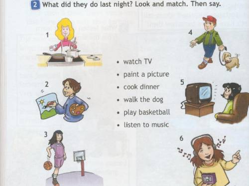 What did they do last night? look and match. then say. 1. watch tv 2. paint a picture 3. cook dinner