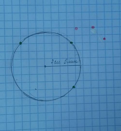 Начерти окружность радиусом 2 см 5 мм. отметь зелёным цветом три точки, лежащие на этой окружности,
