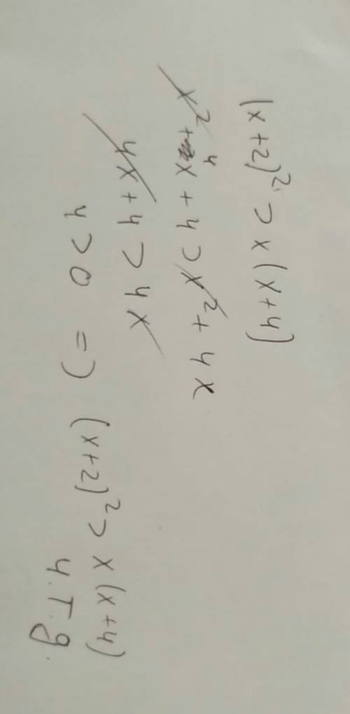 1. докажите неравенство (x + 2)2(квадрат) > x(x + 4) п.с 2 после скобки там квадрат!