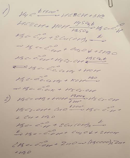 Решить цепочки превращений(+реакции, и условия протекания) 1)метан-этин-этаналь-этановая кислота-эти