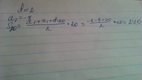 Вычислите сумму двадцати первых членов арифметической прогрессии -8 -6 -4